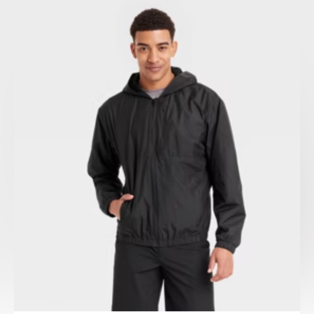 Mens NWT All In Motion‎ Black Hooded Water Wind Resistant Windbreaker Jacket